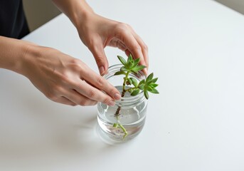 Hands carefully arranging succulent cuttings for water propagation