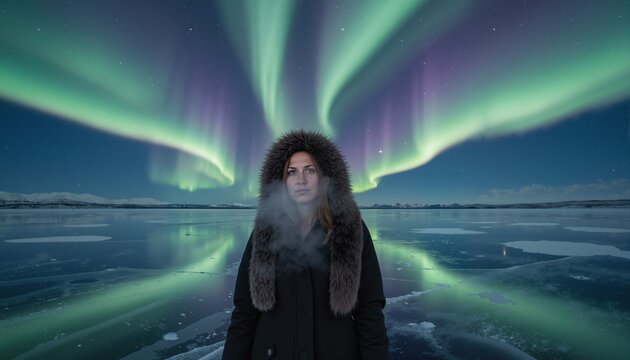 Adventurous woman in thick fur-lined parka hood up, standing on frozen lake under spectacular green and purple aurora borealis dancing in night sky, aurora reflections shimmering on ice and subtle glo