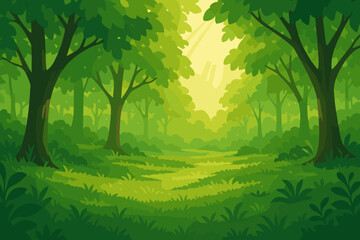 Serene Forest Glow. Lush green forest floor with soft golden sunlight filtering through the canopy, serene vector illustration and