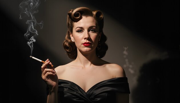 Glamorous woman in classic 1940s Hollywood style with victory roll hairstyle and red lipstick, wearing off-shoulder black satin gown, dramatic side lighting casting strong shadows, smoke from cigarett