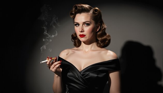 Glamorous woman in classic 1940s Hollywood style with victory roll hairstyle and red lipstick, wearing off-shoulder black satin gown, dramatic side lighting casting strong shadows, smoke from cigarett