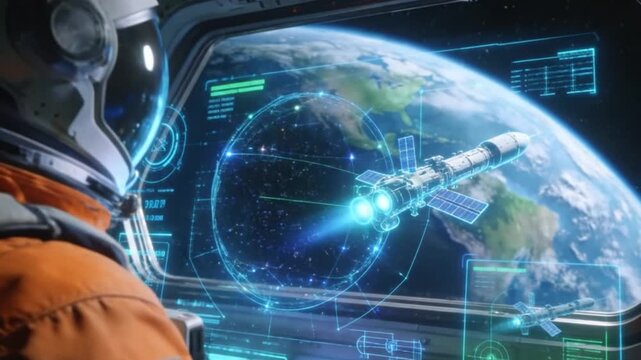 Astronaut in spacesuit looking out a spaceship window at a satellite launch and a digital Earth hologram