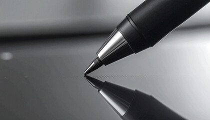 Pen's Precise Point: A close-up reveals the elegant tip of a pen poised, reflecting off a sleek, glossy surface. Showcasing precision and the power of written expression.