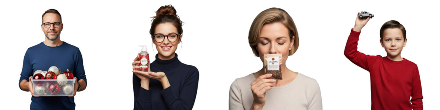 Diverse festive headshot cutouts: man with ornament tub, woman with bubble bath, woman with mulling spices, boy with toy car. Isolated on transparent background for Christmas, holiday gift guides,