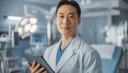 Asian doctor using a digital tablet in a modern hospital environment, surrounded by medical equipment and surgical lighting, symbolizing professional healthcare.