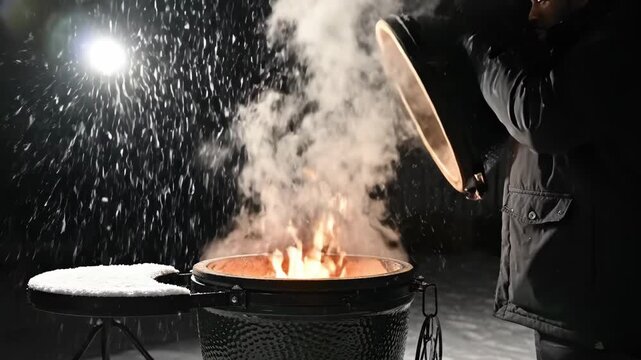 In a serene winter night, a skilled chef lifts the lid of a grill. Flames dance, and smoke fills the air as snow gently falls around. The warmth contrasts with the chilly surroundings.
