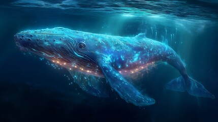 Fototapeta premium Glowing Blue Whale Swimming Underwater with Bioluminescent Lights