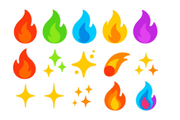 Colorful Flame Icons. Flat vector icons of flame colors and effects: red flame, green flame, blue flame, yellow flame, purple