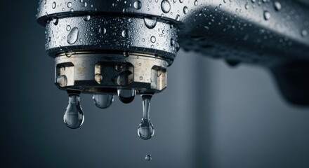 Extreme closeup of a faucet cartridge leak water droplets slipping from the valve with textured metal details.
