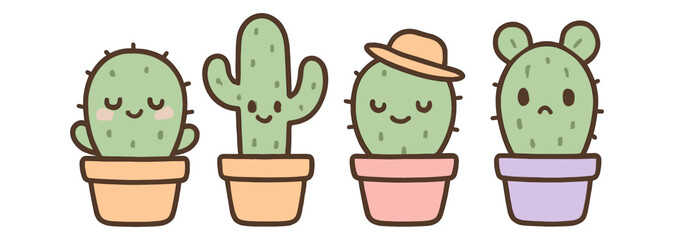 Cute kawaii cactus collection in pots with smiling faces and accessories