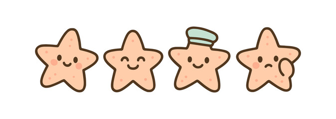 Cute kawaii star characters with facial expressions and accessories