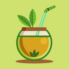 Yerba mate with straw. Traditional beverage from South America with leaves. Cartoon vector illustration