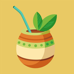 Yerba mate with straw. South America beverage with leaves. Cartoon vector illustration