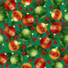 A festive seamless pattern featuring Christmas baubles on a dark green background. Perfect for seasonal fashion, gift wrapping, stationery, home goods, and holiday decor. Vector illustration