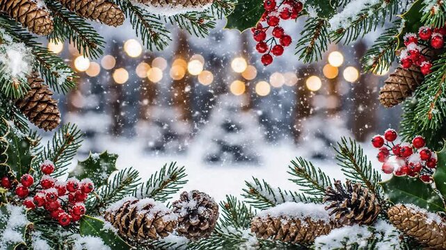 Winter forest scene with pine cones and berries festive seasonal background