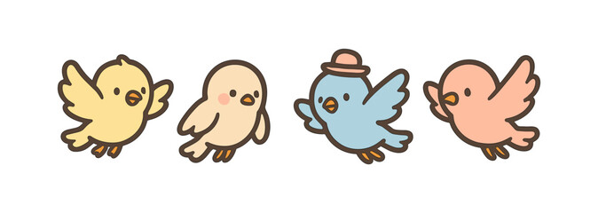 Cute cartoon birds in pastel colors: charming avian characters in flat style