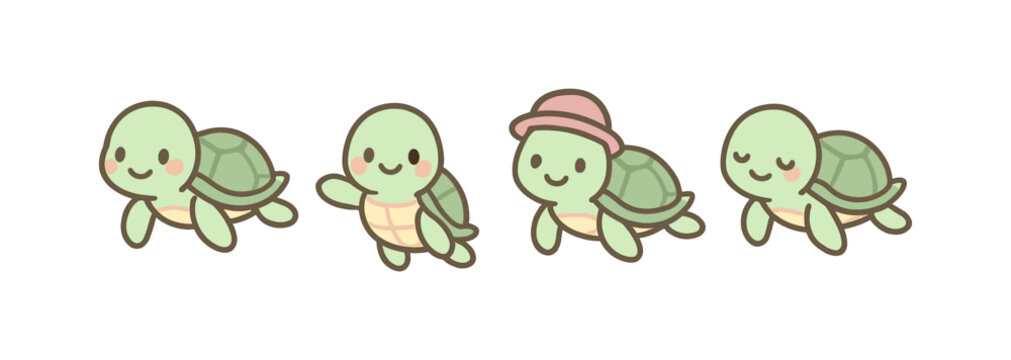 Cute kawaii turtles with expressions and accessories in pastel colors
