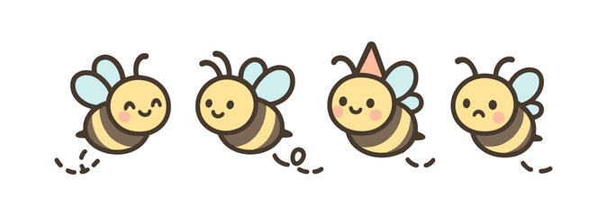 Cute cartoon bees with various expressions and party hat
