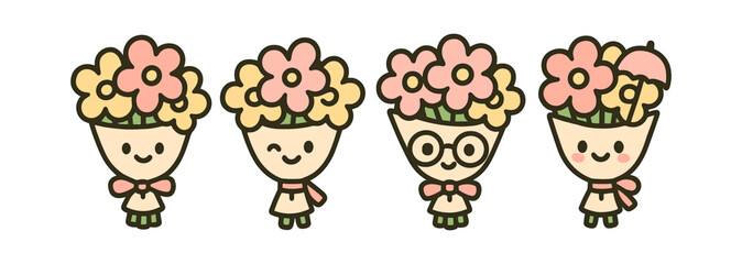Cute cartoon flower characters in adorable outfits with accessories