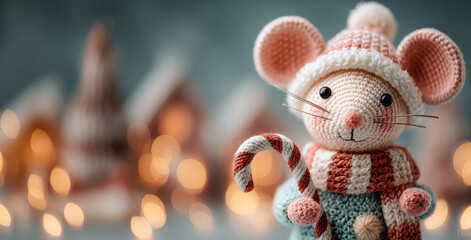 Crochet mouse in striped scarf and hat holding candy cane with gingerbread village lights behind..Perfect for Christmas craft ads, holiday greeting cards, or festive blog covers.