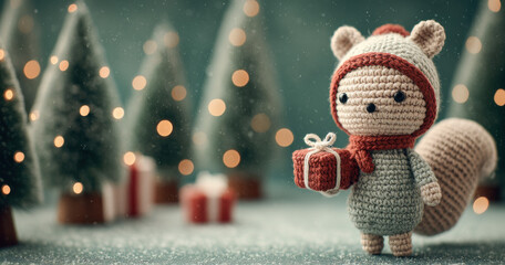 Adorable handmade squirrel plush with present, softly lit snowy pine trees in background..Ideal for craft store promotions, greeting cards, or festive toy catalogs.