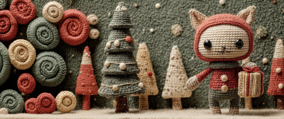 Whimsical crochet cat character with gift box, framed by soft woolen trees and holiday decor..Use in greeting cards, cozy retail displays, or playful Christmas promotions.