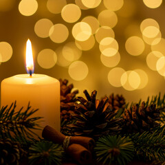 Warm Christmas Candle with Pinecones and Golden Bokeh Lights