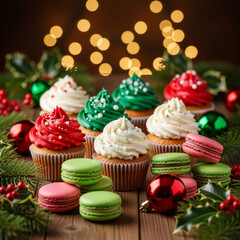 Festive Christmas Cupcakes and Macarons with Holiday Decor