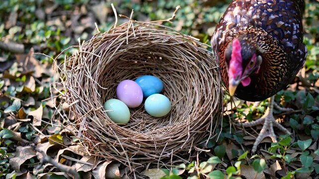 In this delightful video, a hen curiously explores a cozy nest filled with colorful eggs. As she examines each egg, the charming scene showcases the beauty of nature and the miracle of life in a tranq