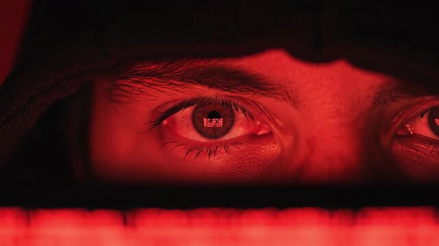 In a dark room illuminated by a red glow, a figure's piercing eyes reflect secrets and suspense. The environment teems with tension as whispers of unknown stories linger in the air.