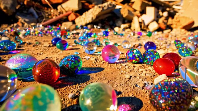 Witness a mesmerizing display of colorful marbles scattered across a rocky landscape. Each marble reflects light beautifully, creating a captivating scene that highlights nature's artistry in a forgot