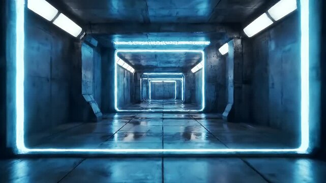 Futuristic blue neon-lit corridor stretching into a glistening endless tunnel