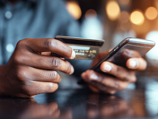 Man hands holding using credit card for online shopping payment with smartphone
