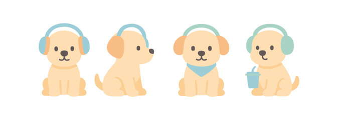 Fototapeta premium Cute puppies with headphones and accessories in a modern flat style