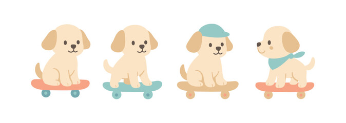 Fototapeta premium Cute cartoon puppies on skateboards with colorful accessories