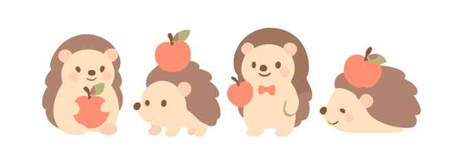 Cute cartoon hedgehogs with apples in pastel style