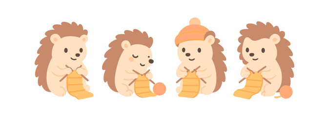Adorable cartoon hedgehogs knitting in cozy outfits for fall