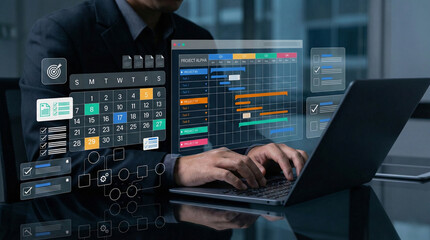 Project planning dashboard with interactive calendar, Gantt chart, checklist, and automation tools used to manage tasks, monitor workflow, and improve schedule tracking and productivity.