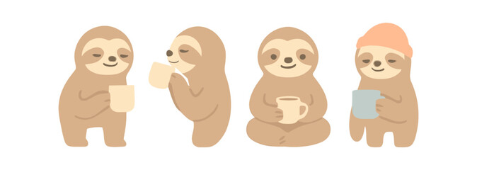 Adorable cartoon sloths enjoying coffee in cozy minimalist style