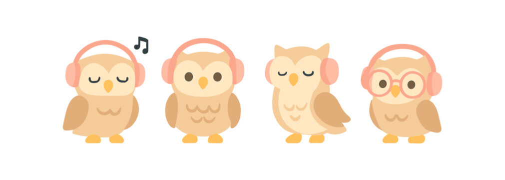 Cute cartoon owls with headphones and glasses in minimalist style