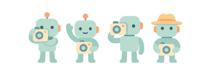 Cute cartoon robots with cameras exploring photography in various styles