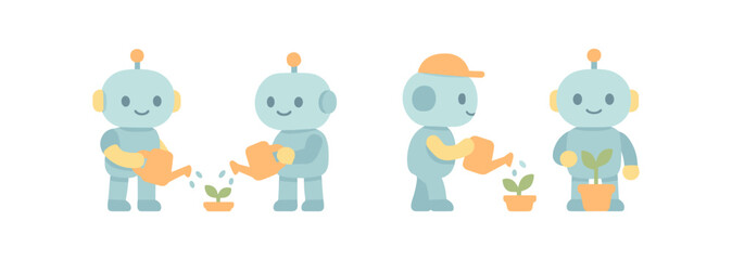 Obraz premium Cute robots gardening and watering plants in minimalist pastel style
