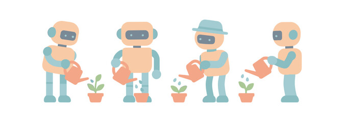 Cute robots nurturing plants in minimalist style