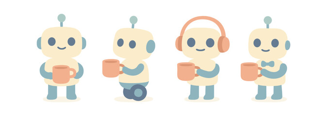 Cute cartoon robots enjoying coffee break with headphones and accessories