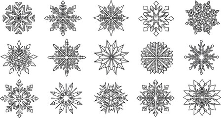 Black and white snowflakes illustrations set, winter decorative elements, snowflake designs collection