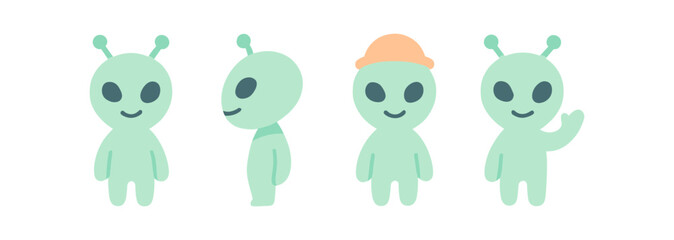 Cute cartoon alien characters with antennae and hats in different poses