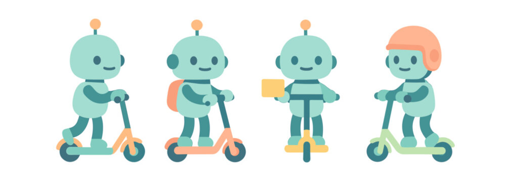 Cute robots riding scooters and monowheel in playful flat design