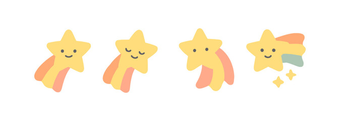 Obraz premium Cute kawaii shooting stars with smiling faces and colorful trails
