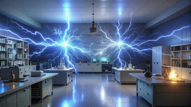 Dynamic Laboratory Scene with Electrical Arcs and High Tech Equipment.