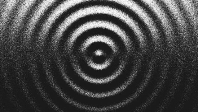 Stippling artwork with concentric circles geometry expand in rhythmic harmony. Ripple pattern made from countless dots creating illusion of light and shadow. Dynamic illusion of sound waves. Vector